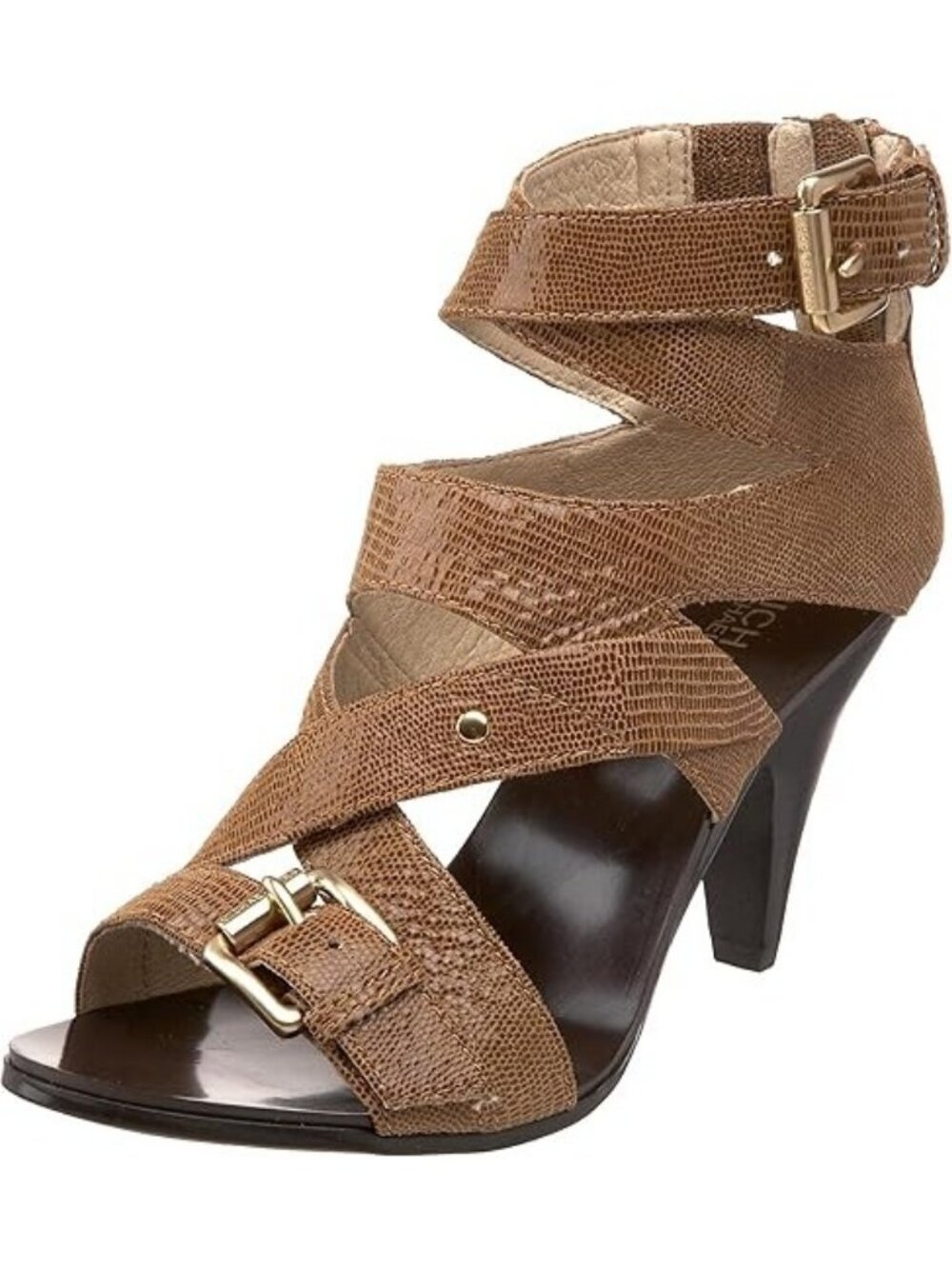 Michael Kors Tatum Cross Strap Reptile Embossed Shimmering Leather Cone Heels - Picture 5 of 8